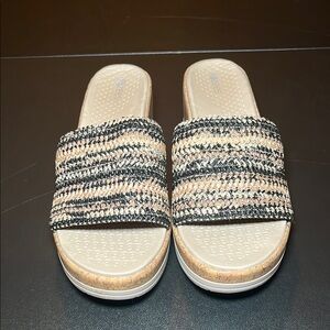 Skechers Black and Tan Slide Sandals with Woven Design